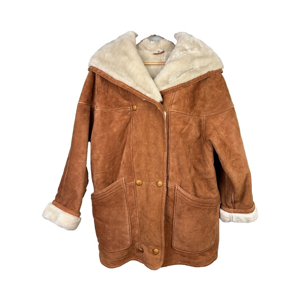 Limited Vintage Suede Faux Fur Lined Coat  90's Button Front Cognac Brown Y2K M